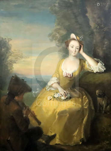Early 19th Century French Schooloil on canvasPortrait of a lady, standing in a landscape, a piper