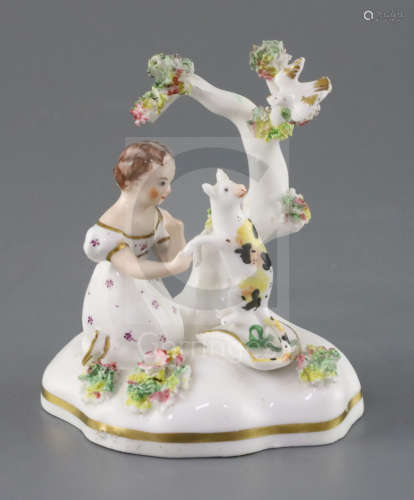 A rare Staffordshire porcelain group of a cat and a girl by a tree, possibly Dudson, c.1835-50,