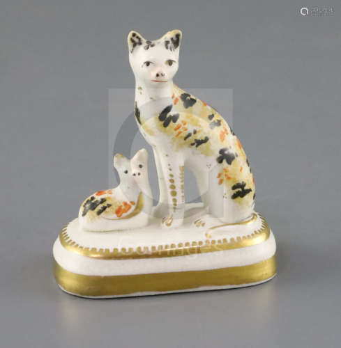 A rare Staffordshire porcelain group of a cat and kitten, possibly Lloyd Shelton, c.1835-50, with