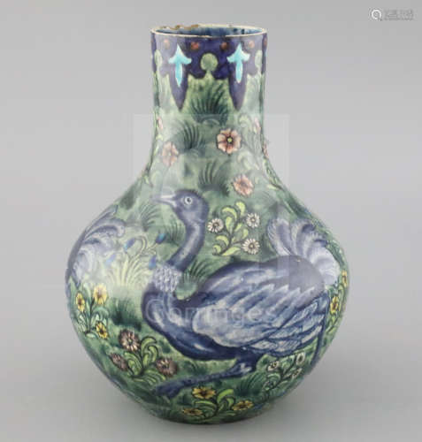A rare William de Mor*** 'Ostrich' bottle vase, c.1888-97, painted by Joe Juster, with a repeating
