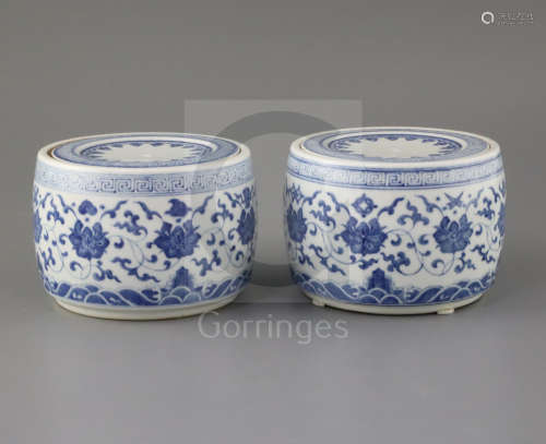 A pair of Chinese blue and white jars and covers, Yongzhen***arks but later, each painted with lotus