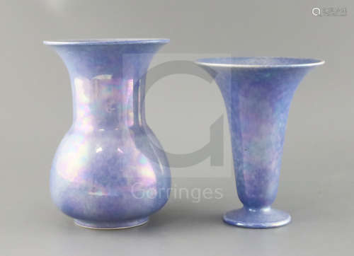 Two Ruskin lavender lustre vases, both dated 1925, of baluster and trumpet form, impressed marks, H.