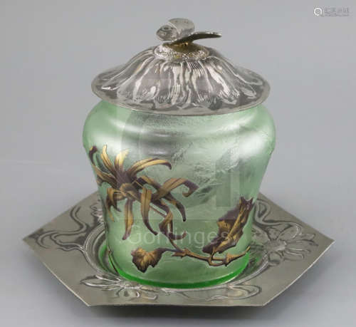 An Art Nouveau Val St Lambert cameo glass biscuit barrel with Orivit pewter cover and stand, c.1910,