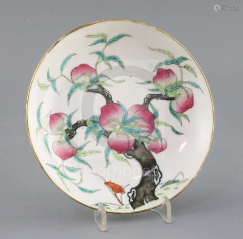 A Chinese famille rose Guangxu nine peach dish with blue glazed six character mark, 6.5in. diameter