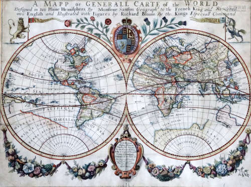 Richard Blomecoloured engraving'A Mapp or Generall Carte of the World, Designed in two Plaine