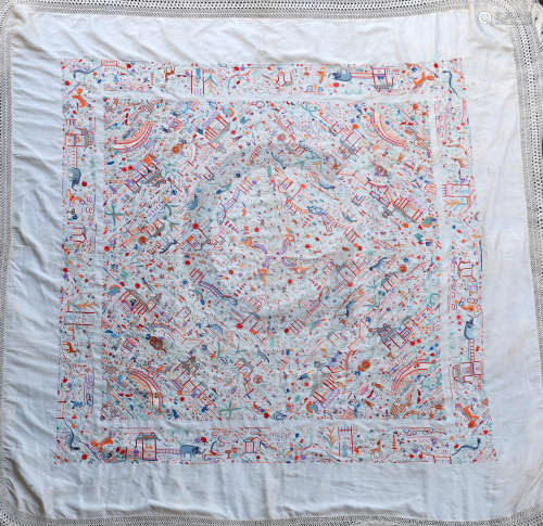 A Chinese embroidered silk table cover, late Qing dynasty, finely woven with various animals and