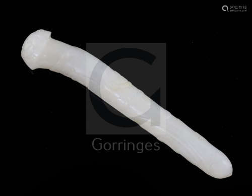 A Chinese inscribed white jade hairpin, 18th century, finely carved in relief with a chi ****** amid
