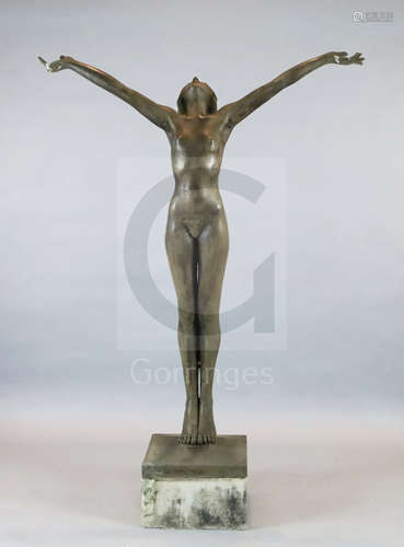 Everard Meynellbronze composition'Welcome the New Year', life sculpture of a young girl with arms