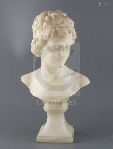 An early 20th century French carved marble bust of a young woman, in the classical manner, with