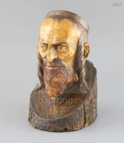 Jan Zaroffe (1888-1952). A carved wooden bust of an orthodox Jew, signed and inscribed Krynica 1933,