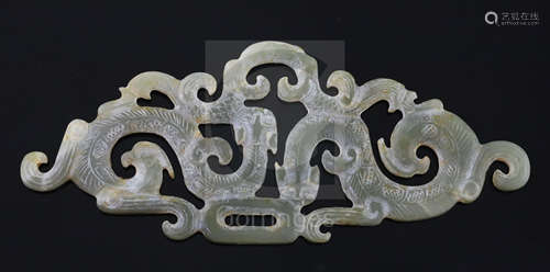 A Chinese Western Zhou style jade plaque, carved and pierced with two entwined chilong