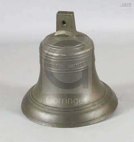 A 19th Century English cast bell with iron clapper, cast with 'Mears Founder London 1859', height