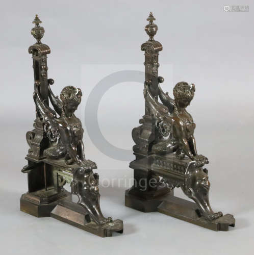 A pair of 19th century French bronze chenets, modelled with sphinx beside squared columns on stepped