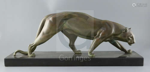 Irene Rochard. A French Art Deco bronze model of a prowling panther, on black marble plinth, width