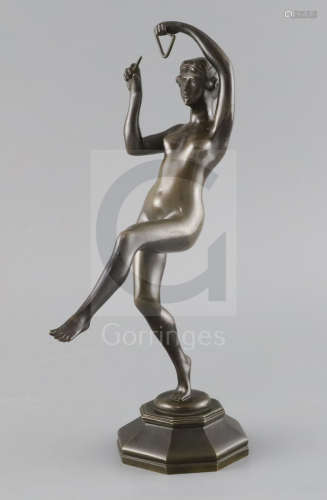 Eugène Piron (1875-1928). Art Art Deco bronze figure of a nude dancing girl playing the ********,