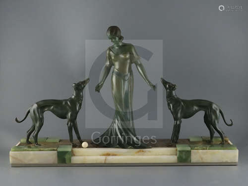 P. Huguenot. An Art Deco bronze and three coloured onyx group of a medieval lady and two hounds,