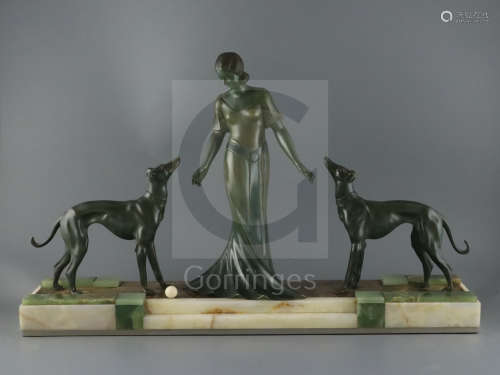 P. Huguenot. An Art Deco bronze and three coloured onyx group of a medieval lady and two hounds,