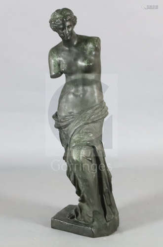 After the antique. A bronze figure the Venus de Milo, standing on naturalistic base, with green