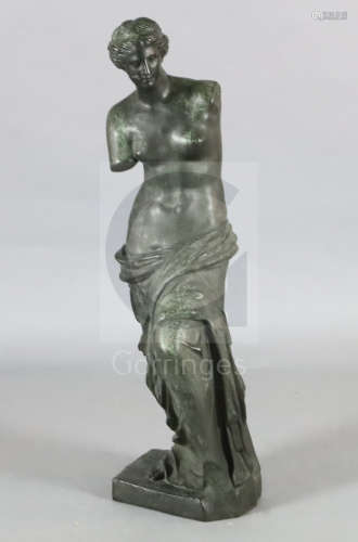 After the antique. A bronze figure the Venus de Milo, standing on naturalistic base, with green