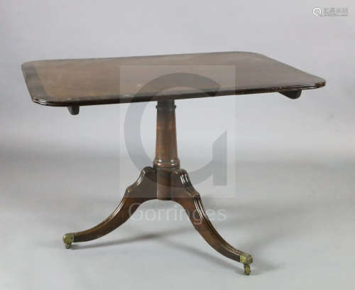 A Regency coromandel wood banded maho***y breakfast table, with rectangular tilt top, canon barrel