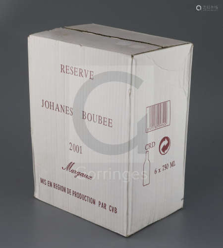 Six bottles of Reserve 2001 Margaux, Maison Johanes BoubeeCONDITION: Originally in unopened box,