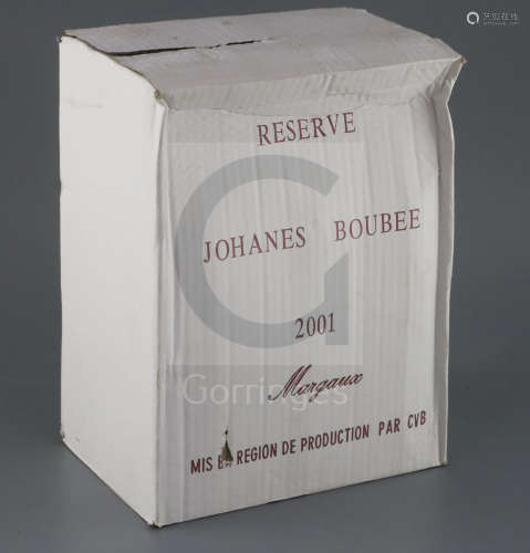 Six bottles of Reserve 2001 Margaux, Maison Johanes BoubeeCONDITION: In original cardboard box,