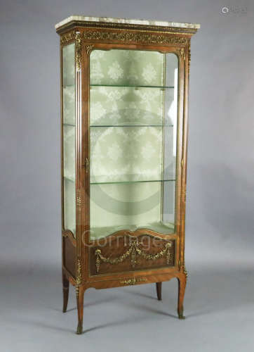 A late 19th century French Transitional style ormolu mounted kingwood and parquetry vitrine, in