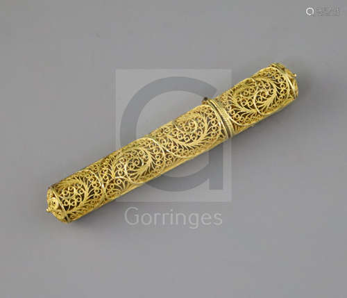 A late 18th century gilt filigree work needle or bodkin case, 4in., in original fish skin