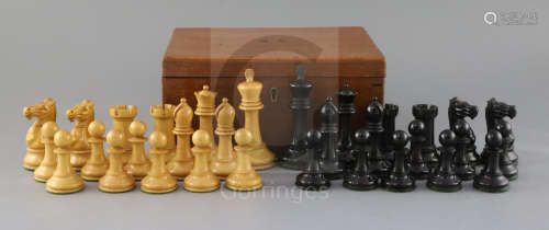 A 4 inch weighted wooden Jaques chess set , ebony and boxwood, in original maho***y box, label under