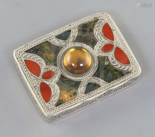 A mid 19th century Scottish silver, hardstone and foil backed cabochon set snuff box/vesta, makers