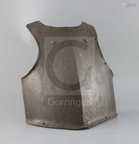 A good heavy 17th century cavalry trooper's breastplate, struck with maker's mark, musket ball