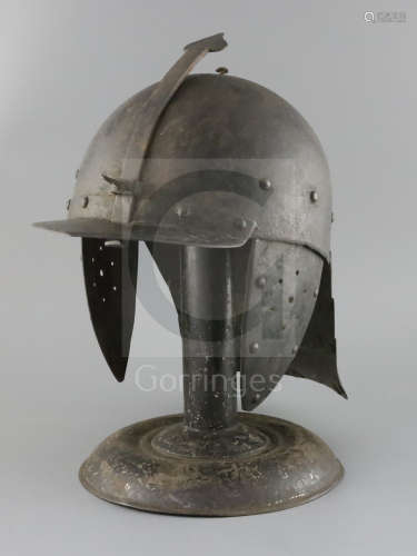 A good heavy 17th century cavalry trooper's helmet, one piece skull, button shaped finial, fixed