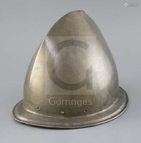 An Italian infantry helmet cabaset c.1580, polished steel raised from a single plate, medial ridge