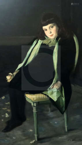 Jacques Emile Blanche (1861-1942)oil on canvas,Portrait of a girl, seated in a green chairsigned50.5