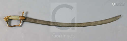 An unusual George III 1796 type cavalry officer's sword, curved blade, brass hilt with traces of