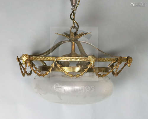 An Adam revival gilt brass and etched and cut glass hall lantern with pineapple finial, swagged