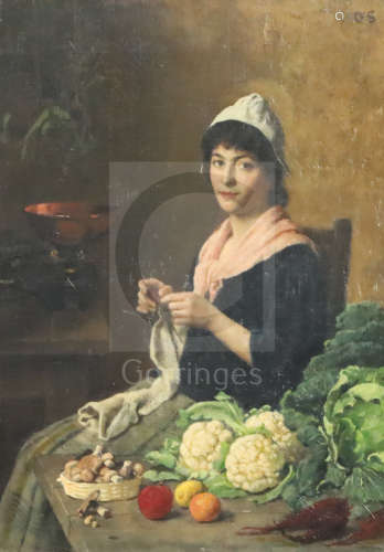 19th Century English Schooloil on canvasInterior with woman knitting and vegetables on a table