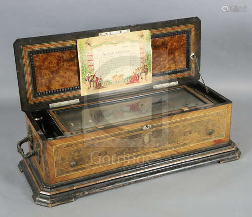 A late 19th century Swiss inlaid walnut and kingwood eight air musical box, the lid inlaid with a