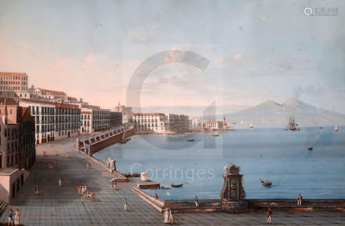 19th century Neapolitan Schoolgouache'V. di S.Lucia A Mare' - View of Veduta Napoli, Santa Lucia,
