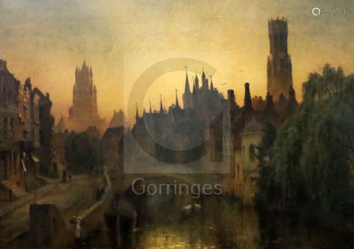 T.E.Dawson (19th C.)oil on canvasBruges at nightsigned and dated 188132 x 48in.CONDITION: Oil on