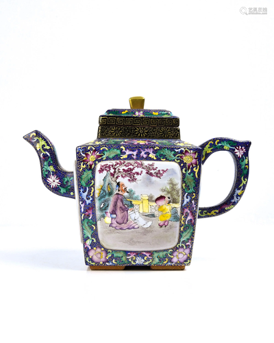 AN ENAMELLED YIXING TEAPOT AND COVER