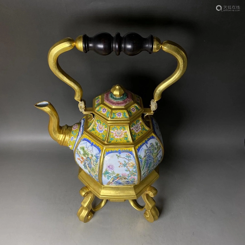 AN ENAMELLED BRONZE TEAPOT AND STAND…