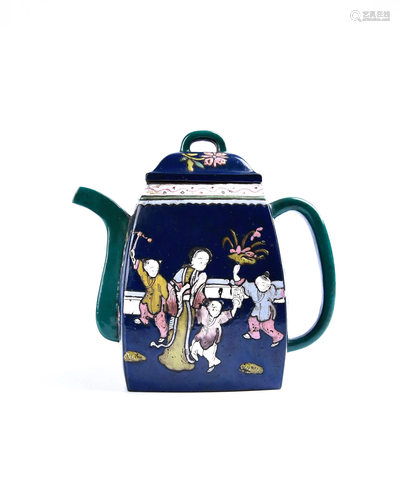 A PAINTED YIXING TEAPOT AND COVER