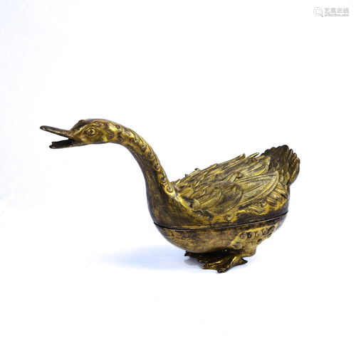 A CARVED GILT-BRONZE DUCK BURNER AND COVER.…