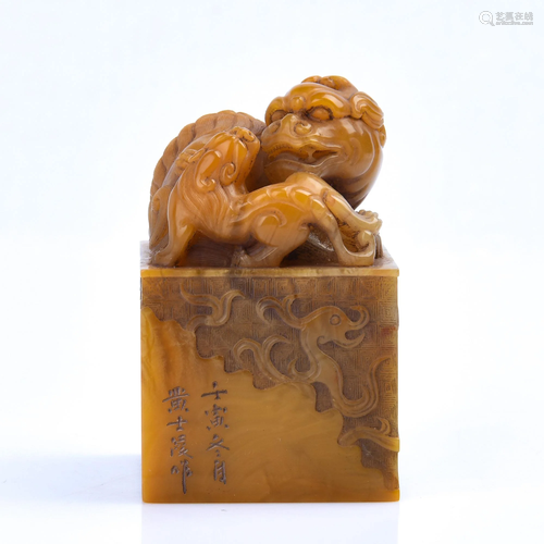 A CARVED TIANHUANGSTONE 'LION' S…