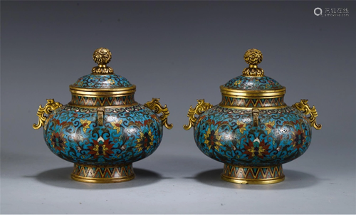 A PAIR OF CLOISONNE ENAMEL BRONZE CENSERS .…