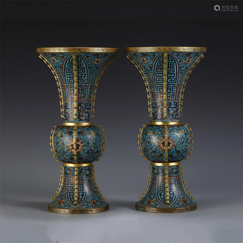 A PAIR OF CLOISONNE ENAMEL BRONZE VASES.MAR…