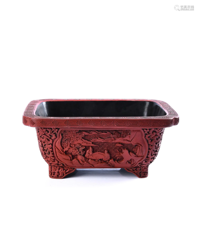 A CARVED CINNABAR LACQUER FLOWER BASIN.MA…