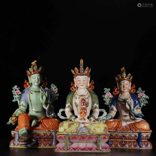 THREE OF FAMILLE-ROSE BUDDHAS.QING PERIOD