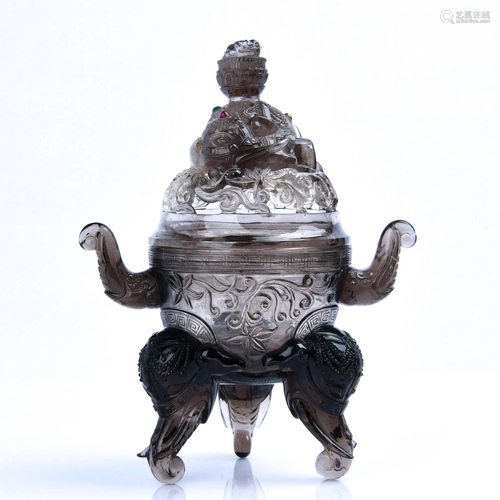 A CARVED CRYSTAL TRIPOD CENSER AND COVER…